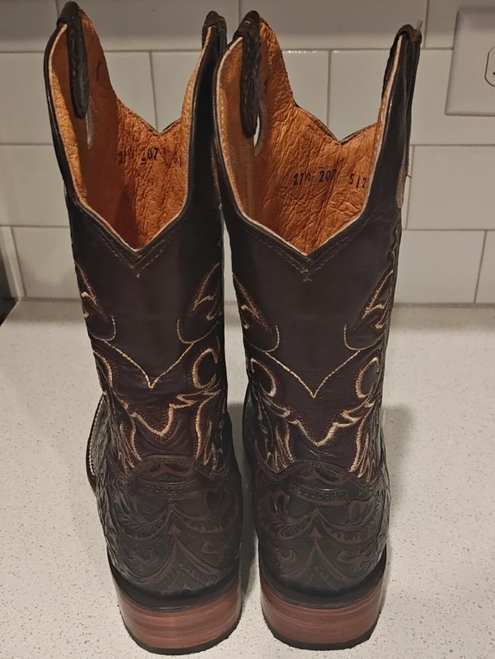 Big Bull Dark Brown Leather Western Boots with Tooled Leather - Never Been Worn